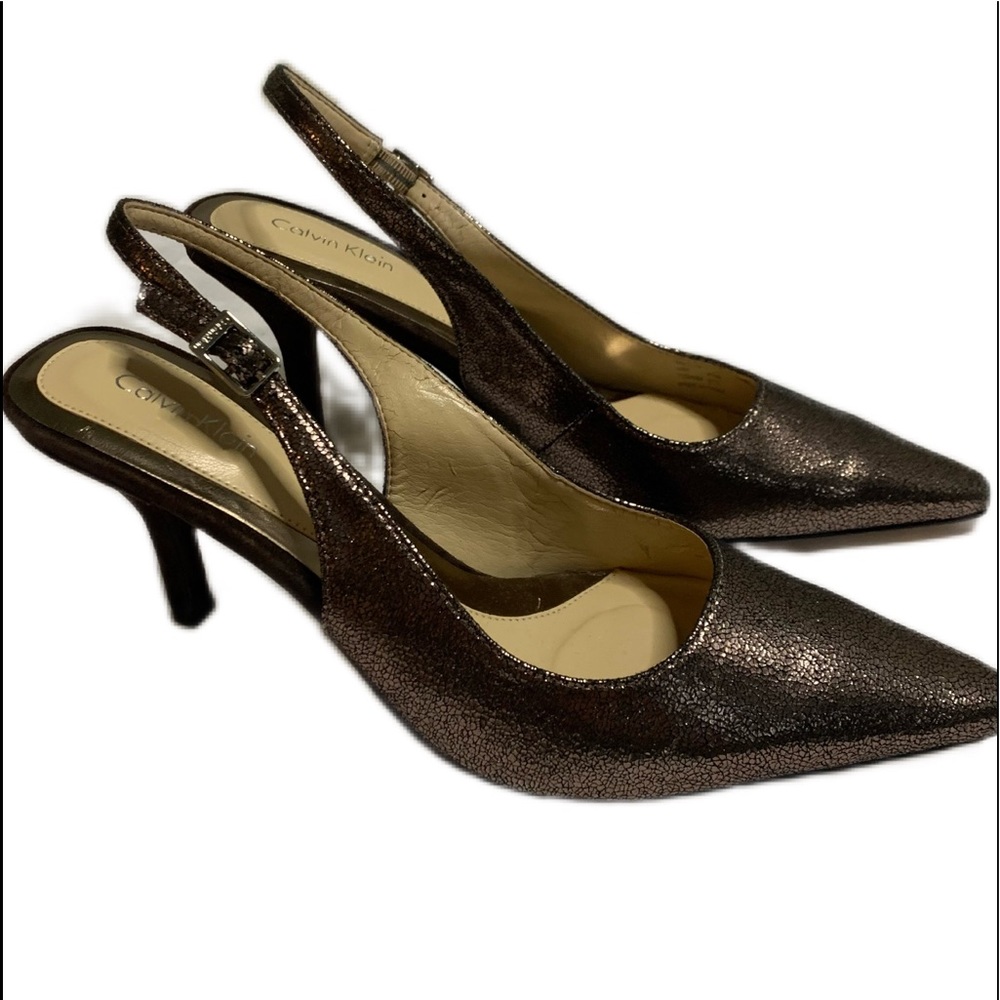 Calvin Klein 8.5M “Day” Bronze Metallic Suede Leather Sling Back Heels